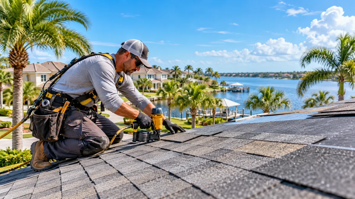 Roofers near me – roofing professional installing shingles on a Florida home